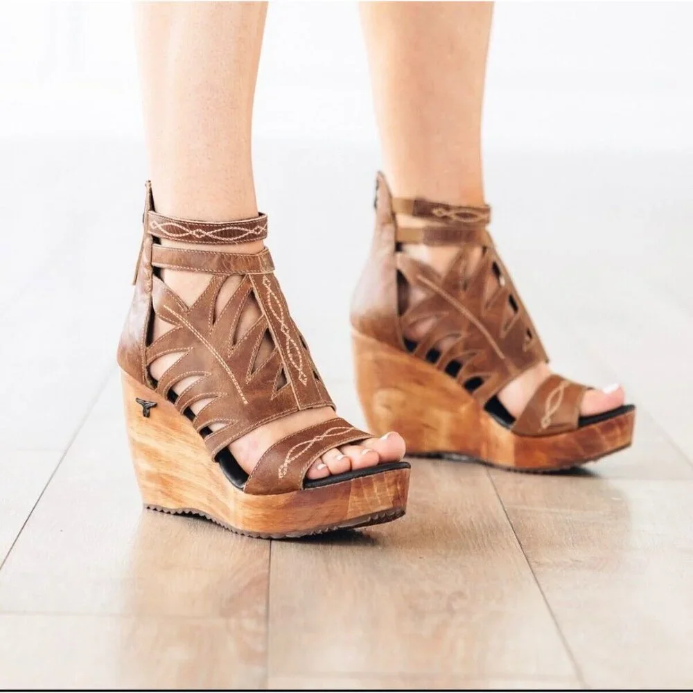 NEW Lane Boots BECCA Womens Brown Wedges Sz 9.5 Western Sandals Cowgirl Leather - Picture 10 of 12